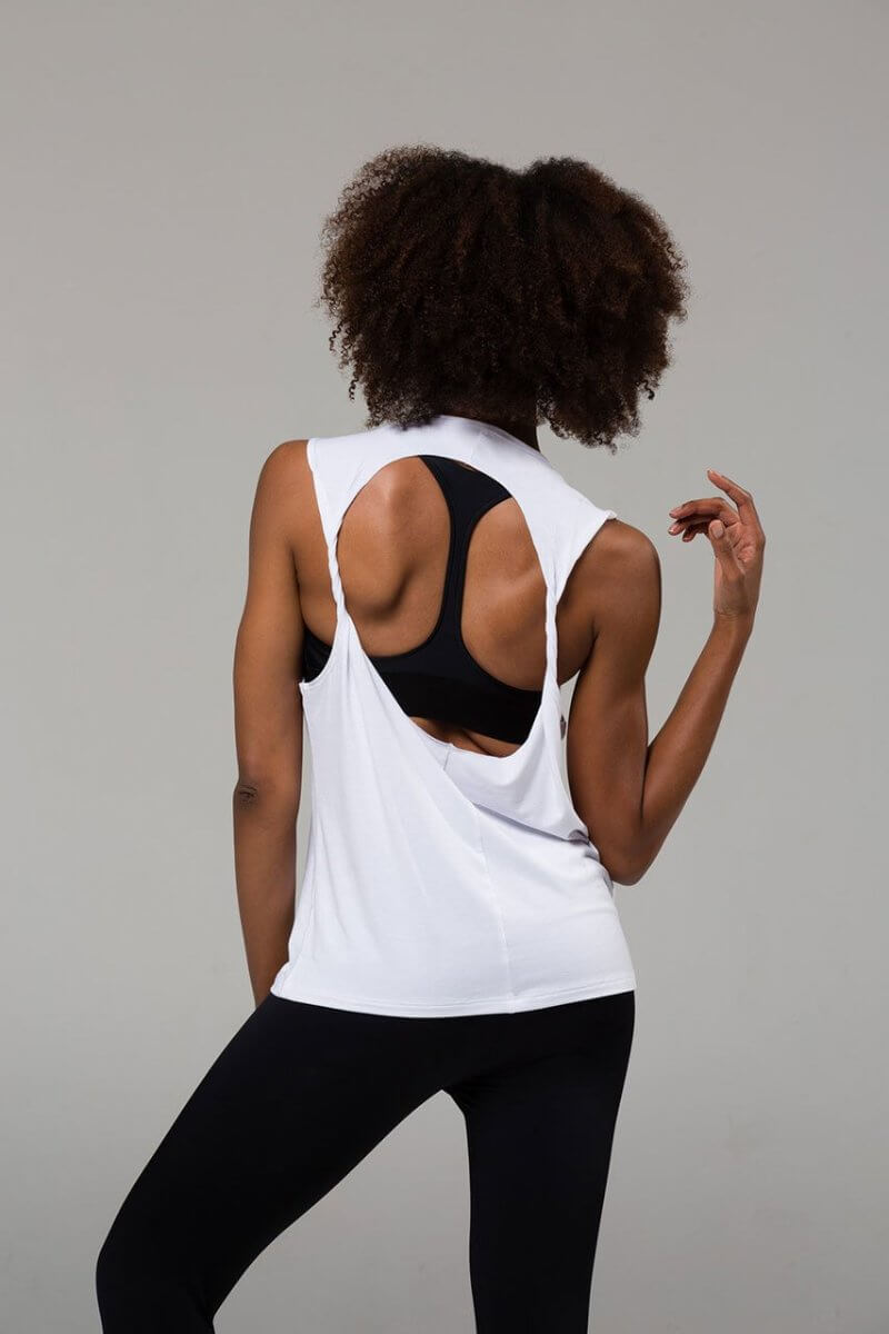 SEA YOGI // Onzie Twist back Top in white, back