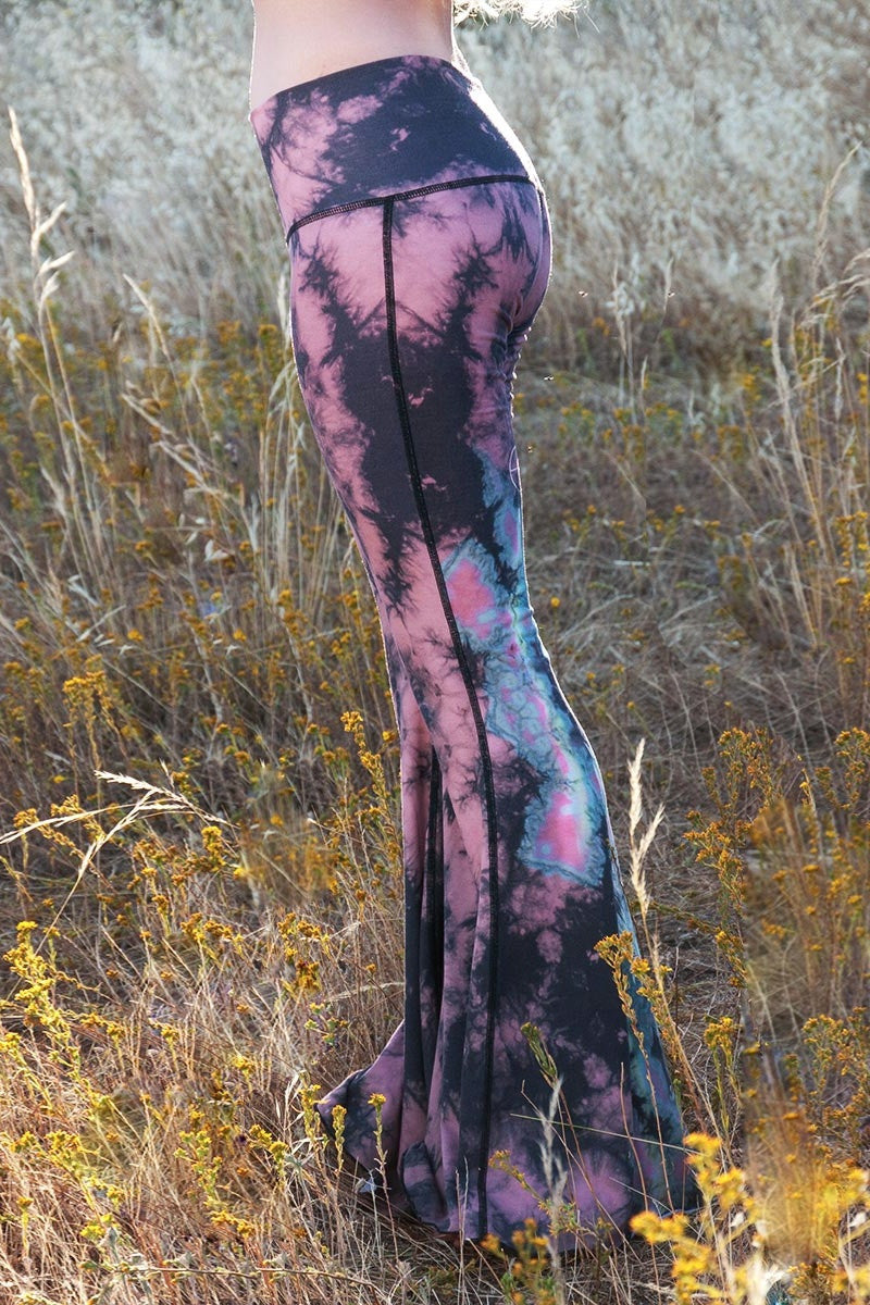 TEEKI EAGLE FEATHER BELL BOTTOMS IN PINK AND SIDE IMAGE - Sea Yogi