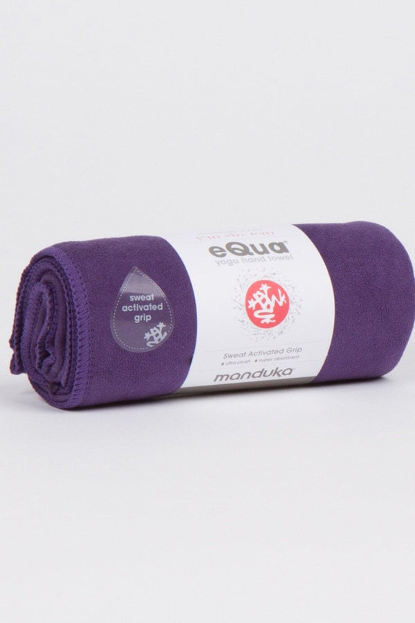 MANDUKA eQUA HAND YOGA TOWEL IN MAGIC STYLE AND ROLLED UP IMAGE