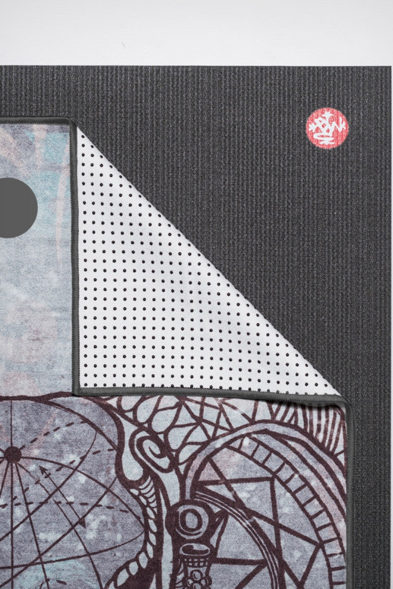 MANDUKA YOGITOES SKIDLESS MAT TOWEL IN STABILITY GANESH STYLE AND CLOSE UP ON THE MAT IMAGE